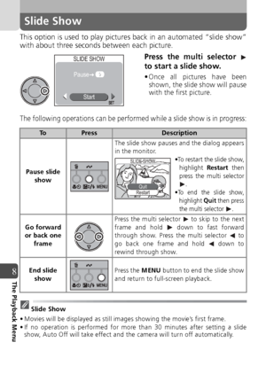 Page 8484
8The Playback Menu
Slide Show
This option is used to play pictures back in an automated “slide show”
with about three seconds between each picture.
Press the multi selector 
to start a slide show.
• Once all pictures have beenshown, the slide show will pause
with the first picture.
.
The following operations can be performed while a slide show is in progress:
Slide Show
• Movies will be displayed as still images showing the movie’s first frame.
• If no operation is performed for more than 30 minutes...