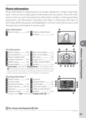 Page 10999
Reference—Viewing PhotographsFile Information 1 Protect status .................. 104
 2 Focus brackets  * ..................53
 3 Frame number/total
number of frames ........ 135
 4 Folder name ..................... 135
 5 Image quality .....................28 6 Date of recording ............12
 7 Time of recording ............12
 8 File name ........................... 129
 9 Image size ............................32
 10 Folder number/frame 
number
  ............................... 135* If Focus...