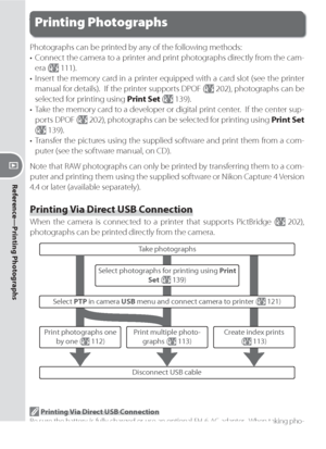 Page 120110
Reference—Printing Photographs
Take photographs
Photographs can be printed by any of the following methods:
•  Connect the camera to a printer and print photographs directly from the cam-
era (
 111).
•  Insert the memory card in a printer equipped with a card slot (see the printer 
manual for details).  If the printer supports DPOF (
 202), photographs can be 
selected for printing using Print Set (
 139).
•  Take the memory card to a developer or digital print center.  If the center sup-
ports DPOF...