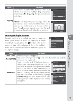 Page 123113
Reference—Printing Photographs
Option Description
CroppingMenu shown at right will be displayed.  Press multi 
selector up or down to  highlight Crop (crop photo 
for printing) or No Cropping, then press multi selec-
tor to right.
If Crop is selected, dialog shown at right will be dis-
played; rotate main command dial to choose size of 
crop and use multi selector to choose position of 
crop.  Press 
 to return to print menu.  Note that qual-
ity may drop if small crop is printed at larger sizes....