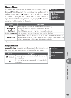 Page 151141
Setup
The Playback Menu
Display Mode
To choose the information listed in the photo-information 
display (
 99), highlight the desired option and press the 
multi selector right.  A ✔ appears next to selected items; 
to deselect, highlight and press the multi selector to the 
right.  To return to the playback menu, highlight Done and 
press the multi selector to the right.
Option Description
Data  *Shooting data appears in photo information display.
Histogram  *Histogram appears in photo information...