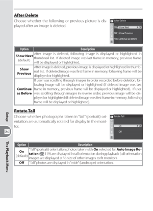 Page 152142
Setup
The Playback Menu
After Delete
Choose whether the following or previous picture is dis-
played after an image is deleted.
Option Description
Show Next
(default)After image is deleted, following image is displayed or highlighted in 
thumbnail list.  If deleted image was last frame in memory, previous frame 
will be displayed or highlighted.
Show
PreviousAfter image is deleted, previous image is displayed or highlighted in thumb-
nail list.  If deleted image was ﬁ rst frame in memory, following...