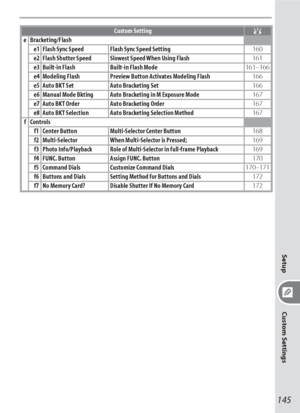 Page 155145
Setup
Custom Settings
Custom Setting
eBracketing/Flash
 e1 Flash Sync Speed Flash Sync Speed Setting160
 e2 Flash Shutter Speed Slowest Speed When Using Flash161
 e3 Built-in Flash Built-in Flash Mode161–166
 e4 Modeling Flash Preview Button Activates Modeling Flash166
 e5 Auto BKT Set Auto Bracketing Set166
 e6 Manual Mode Bkting Auto Bracketing in M Exposure Mode167
 e7 Auto BKT Order Auto Bracketing Order167
 e8 Auto BKT Selection Auto Bracketing Selection Method167
fControls
 f1 Center Button...
