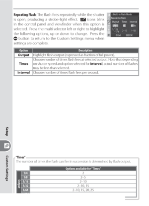 Page 172162
Custom Settings
Setup
Repeating Flash: The ﬂ ash ﬁ res repeatedly while the shutter 
is open, producing a strobe-light eﬀ ect.  
 icons blink 
in the control panel and viewﬁ nder when this option is 
selected.  Press the multi selector left or right to highlight 
the following options, up or down to change.  Press the 
 button to return to the Custom Settings menu when 
settings are complete.
Option Description
OutputHighlight ﬂ ash output (expressed as fraction of full power).
TimesChoose number of...