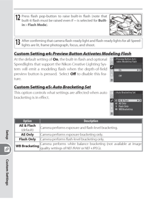 Page 176166
Custom Settings
Setup
Press ﬂ ash pop-button to raise built-in ﬂ ash (note that 
built-it ﬂ ash must be raised even if -- is selected for Built-
in > Flash Mode).12
After conﬁ rming that camera ﬂ ash-ready light and ﬂ ash-ready lights for all Speed-
lights are lit, frame photograph, focus, and shoot.13
Custom Setting e4: Preview Button Activates Modeling Flash
At the default setting of On, the built-in ﬂ ash and optional 
Speedlights that support the Nikon Creative Lighting Sys-
tem will emit a...