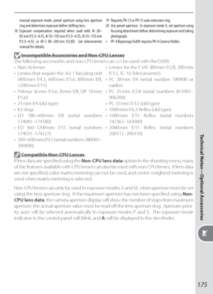 Page 185175
Technical Notes—Optional Accessories
manual exposure mode, preset aperture using lens aperture 
ring and determine exposure before shifting lens.
18 Exposure compensation required when used with AI 28–
85 mm f/3.5–4.5S, AI 35–105 mm f/3.5–4.5S, AI 35–135 mm 
f/3.5–4.5S, or AF-S 80–200 mm f/2.8D.  See teleconverter 
manual for details.19  Requires PK-12 or PK-13 auto extension ring.
20  Use preset aperture.  In exposure mode A, set aperture using 
focusing attachment before determining exposure and...