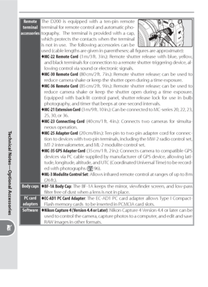 Page 192182
Technical Notes—Optional Accessories
Remote
terminal
accessoriesThe D200 is equipped with a ten-pin remote 
terminal for remote control and automatic pho-
tography.  The terminal is provided with a cap, 
which protects the contacts when the terminal 
is not in use.  The following accessories can be
used (cable lengths are given in parentheses; all ﬁ gures are approximate):
♦ MC-22 Remote Cord (1 m/3 ft. 3 in.): Remote shutter release with blue, yellow, 
and black ter mi nals for connection to a...