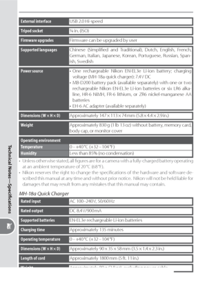 Page 216206
Technical Notes—Speciﬁ cations
External interfaceUSB 2.0 Hi-speed
Tripod socket¼ in. (ISO)
Power source• One rechargeable Nikon EN-EL3e Li-ion battery; charging 
voltage (MH-18a quick charger): 7.4 V DC
•  MB-D200 battery pack (available separately) with one or two 
rechargeable Nikon EN-EL3e Li-ion batteries or six LR6 alka-
line, HR-6 NiMH, FR-6 lithium, or ZR6 nickel-manganese AA 
batteries
•  EH-6 AC adapter (available separately)
Dimensions (W × H × D)Approximately  147 × 113 × 74 mm  (5.8 × 4.4...