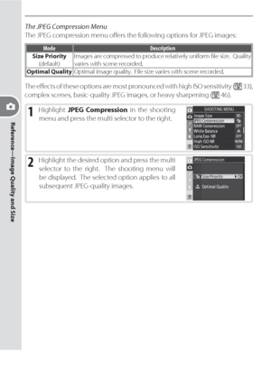 Page 40Reference—Image Quality and Size
30
2 High light the de sired op tion and press the multi 
se lec tor to the right.  The shooting menu will 
be displayed.  The selected option applies to all 
subsequent JPEG-quality images.
1 Highlight JPEG Compression in the shooting 
menu and press the multi selector to the right.
The JPEG Compression Menu
The JPEG compression menu oﬀ ers the following options for JPEG images:
Mode Description
Size Priority
(default)Images are compressed to produce relatively uniform ﬁ...