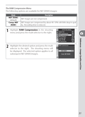 Page 41Reference—Image Quality and Size
31
The RAW Compression Menu
The following options are available for NEF (RAW ) images:
Mode Description
NEF (RAW)
(default)NEF images are not compressed.
Comp. NEF 
(RAW)NEF images are compressed by about 40–50 % with little drop in qual-
ity.  Recording time is reduced.
1 Highlight RAW Compression in the shooting 
menu and press the multi selector to the right.
2 High light the de sired op tion and press the multi 
se lec tor to the right.  The shooting menu will 
be...