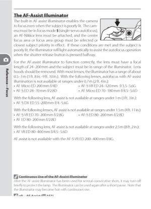 Page 6858
Reference—Focus
The AF-Assist Illuminator
The built-in AF assist illuminator enables the camera 
to focus even when the subject is poorly lit.  The cam-
era must be in focus mode S (single-servo autofocus), 
an AF-Nikkor lens must be attached, and the center 
focus area or focus area group must be selected or 
closest subject priority in eﬀ ect.  If these conditions are met and the subject is 
poorly lit, the illuminator will light automatically to assist the autofocus operation 
when the...