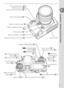 Page 133
Introduction—Getting to Know the Camera
AF-assist illuminator:  58
[Self-timer lamp:  83]
[Red-eye reduction lamp:  77]
Sub-command dial: 
 170
Eyelet for camera strap: 
 9
Depth-of-ﬁ eld preview button: 
 62
FUNC. button: 
 170
Battery-chamber cover: 
 11
Battery-chamber cover latch: 
 11 Tripod socket
Mode dial lock 
release: 
 26 QUAL (image quality/size) 
button: 
 29, 32
[ ● (reset) button:  97]
WB (white balance) 
button: 
 35–44
ISO (ISO sensitivity) button: 
 33 Mode dial:  26Power switch:...