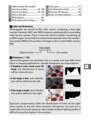 Page 149127
I
22Folder number-file number23Time of recording ...................... 30, 19924Date of recording ....................... 30, 19925Battery indicator ................................. 3226White balance....................................167
White balance fine-tuning .............168
27Color space.........................................17728Auto distortion control ...................17729Electronic VR (movies).....................18330Audio recording indicator ..............180
AFolder and File...