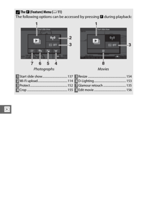 Page 150128
I
AThe & (Feature) Menu ( 011)
The following options can be accessed by pressing  & during playback:
PhotographsMovies
1
6 2
3
457
1
3
8
1Start slide show................................. 1372Wi-Fi upload....................................... 1143Protect ................................................. 1524Crop ..................................................... 155
5 Resize .................................................. 1546D-Lighting .......................................... 1537Glamour...