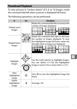 Page 151129
I
To view pictures in “contact sheets” of 4, 9, or 16 images, rotate
the command dial left when a picture is displayed full frame.
The following operations can be performed:
Thumbnail Playback
ToUseDescription
Display more  images Rotate the command dial left to increase the
number of images displayed.
Display fewer  images Rotate the command dial right to decrease
the number of images displayed. To view
the highlighted image full frame, rotate the
dial right when 4 images are displayed.
Highlight...