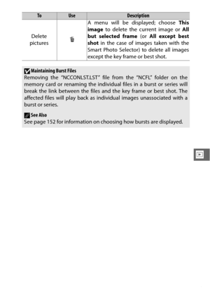 Page 155133
I
Delete 
picturesO
A menu will be displayed; choose  This
image  to delete the current image or  All
but selected frame  (or All except best
shot  in the case of images taken with the
Smart Photo Selector) to delete all images
except the key frame or best shot.
DMaintaining Burst Files
Removing the “NCCONLST.LST” file from the “NCFL” folder on the
memory card or renaming the individu al files in a burst or series will
break the link between the files and the key frame or best shot. The
affected...