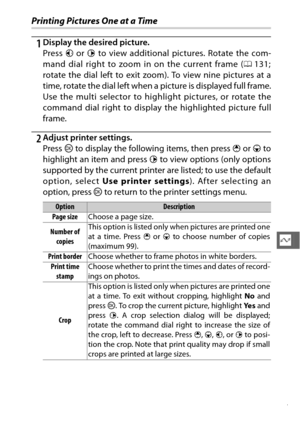 Page 169147
Q
Printing Pictures One at a Time
1Display the desired picture.
Press 4 or  2 to view additional pictures. Rotate the com-
mand dial right to zoom  in on the current frame (0131;
rotate the dial left to exit zoom). To view nine pictures at a
time, rotate the dial left when a picture is displayed full frame.
Use the multi selector to high light pictures, or rotate the
command dial right to displa y the highlighted picture full
frame.
2Adjust printer settings.
Press  J to display the following items,...