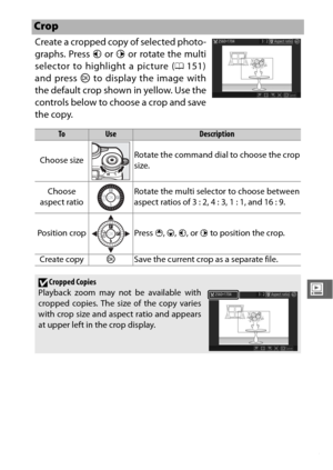 Page 177155
o
Create a cropped copy of selected photo-
graphs. Press 4 or 2 or rotate the multi
selector to highlight a picture ( 0151)
and press  J to display the image with
the default crop shown in yellow. Use the
controls below to choose a crop and save
the copy.
Crop
ToUseDescription
Choose size Rotate the command dial to choose the crop
size.
Choose 
aspect ratio Rotate the multi selector to choose between
aspect ratios of 3 : 2, 4 : 3, 1 : 1, and 16 : 9.
Position crop Press 1, 3 , 4 , or  2 to position...