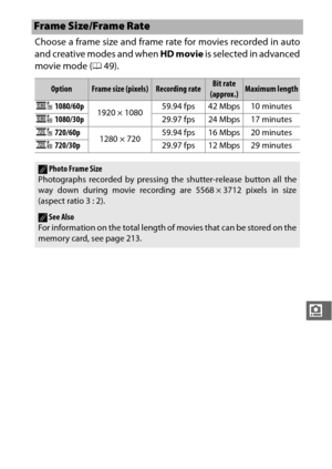 Page 187165
i
Choose a frame size and frame rate for movies recorded in auto
and creative modes and when HD movie is selected in advanced
movie mode ( 049).
Frame Size/Frame Rate
OptionFrame size (pixels)Recording rateBit rate 
(approx.)Maximum length
t1080/60p 1920 × 1080 59.94 fps 42 Mbps 10 minutes
r1080/30p
29.97 fps 24 Mbps 17 minutes
u720/60p
1280 × 720 59.94 fps 16 Mbps 20 minutes
s720/30p
29.97 fps 12 Mbps 29 minutes
APhoto Frame Size
Photographs recorded by pressing the shutter-release button all the...