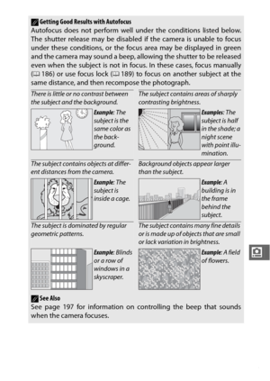 Page 207185
i
AGetting Good Results with Autofocus
Autofocus does not perform well under the conditions listed below.
The shutter release may be disabled if the camera is unable to focus
under these conditions, or the focus area may be displayed in green
and the camera may sound a beep, allowing the shutter to be released
even when the subject is not in focus. In these cases, focus manually
( 0 186) or use focus lock ( 0189) to focus on another subject at the
same distance, and then recompose the photograph....