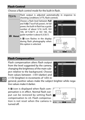 Page 214192
i
Choose a flash control mode for the built-in flash.
Flash compensation alters flash output
from the level suggested by the camera,
changing the brightness of the main sub-
ject relative to the background. Choose
from values between –3 EV (darker) and
+1 EV (brighter) in increments of 
1/3EV; in
general, positive values make the subject brighter while nega-
tive values make it darker.
A 
Y icon is displayed when flash com-
pensation is in effect. Normal flash out-
put can be restored by setting...