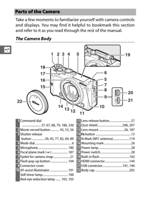 Page 242
s
Take a few moments to familiarize yourself with camera controls
and displays. You may find it helpful to bookmark this section
and refer to it as you read through the rest of the manual.
The Camera Body
Parts of the Camera
24531
1711
18
22
16
15
19
9 8 7 5 6
10141213
20
21
1Command dial
......................... 37, 67, 68, 70, 186, 236
2 Movie-record button ........... 43, 53, 563Shutter-release 
button .................39, 45, 77, 82, 84, 89
4 Mode dial...