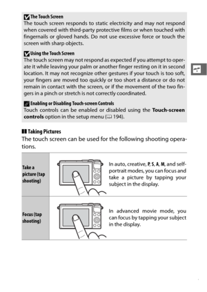 Page 3917
s
❚❚Taking Pictures
The touch screen can be used for the following shooting opera-
tions.
DThe Touch Screen
The touch screen responds to stat ic electricity and may not respond
when covered with third-party protective films or when touched with
fingernails or gloved hands. Do not use excessive force or touch the
screen with sharp objects.
DUsing the Touch Screen
The touch screen may not respond as expected if you attempt to oper-
ate it while leaving your palm or an other finger resting on it in...