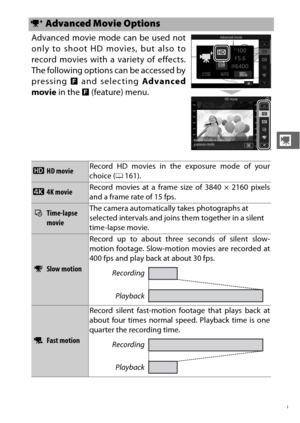 Page 7149
y
Advanced movie mode can be used not
only to shoot HD movies, but also to
record movies with a variety of effects.
The following options can be accessed by
pressing & and selecting  Advanced
movie  in the  & (feature) menu.
v  Advanced Movie Options
0HD movie Record HD movies in the exposure mode of your
choice (
0161).
z4K movie Record movies at a frame size of 3840 × 2160 pixels
and a frame rate of 15 fps.
8Time-lapse 
movieThe camera automatically takes photographs at 
selected intervals and joins...