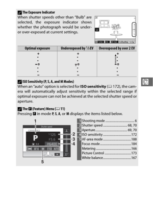 Page 9371
R
AThe Exposure Indicator
When shutter speeds other than “Bulb” are
selected, the exposure indicator shows
whether the photograph would be under-
or over-exposed at current settings.
Optimal exposureUnderexposed by 1/3EVOverexposed by over 2 EV
AISO Sensitivity (P, S, A, and M Modes)
When an “auto” option is selected for  ISO sensitivity (0172), the cam-
era will automatically adjust sensitivity within the selected range if
optimal exposure can not be achieved  at the selected shutter speed or...