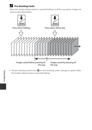 Page 11686
Using Menus
CPre-shooting Cache
When the shutter-release button is pressed halfway or all the way down, images are 
saved as described below.
•The pre-shooting cache icon ( Q) on the shooting screen changes to green while 
the shutter-release button is pressed halfway.
Images saved before pressing all the wayImages saved by pressing all 
the way
Press down halfway Press down all the way 