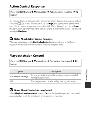 Page 157127
Using Menus
Action Control Response
Set the sensitivity of the operation performed when shaking the camera (action 
control) (A20). When this option is set to  High, the operation is performed 
even if the camera shake movement is small. When this option is set to  Low, 
the operation is performed if the camera  shake movement is large. The default 
setting is  Medium.
BNotes About Action Control Response
When viewing images with  Quick playback of action control or in full-frame 
playback mode,...