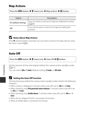 Page 158128
Using Menus
Map Actions
BNotes About Map Actions
If the V (action) button is pressed, you can zoom in and out of maps only by using 
the zoom control ( A2).
Auto Off
Set the amount of time that elapses before the camera enters standby mode 
(A 13).
You can select  30 s, 1 min  (default setting),  5 min, or 30 min.
CSetting the Auto Off Function
The time that passes before the camera ente rs standby mode is fixed in the following 
situations:
• When a menu is displayed: 3 mi nutes (when auto off is...