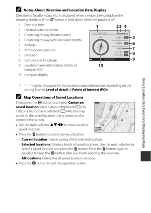 Page 169139
Using Location Data Functions/Displaying Maps
CNotes About Direction and Location Data Display
Direction or location data, etc. is displayed when a map is being displayed in 
shooting mode or if the U button is held down while the power is off.
1   Date and time
2 Location data reception
3  Create log display (location data)
4  Create log display (altitude/water depth)
5 Altitude
6 Atmospheric pressure
7 Direction
8  Latitude and longitude
9  Location name information (Points of  Interest: POI)*
10...