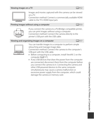 Page 181151
Connecting the Camera to a TV, Printer, or Computer
Viewing images on a TVA152
Images and movies captured with the camera can be viewed 
on a TV.
Connection method: Connect a commercially available HDMI 
cable to the TV’s HDMI input jack.
Printing images without using a computerA 153
If you connect the camera to a PictBridge-compatible printer, 
you can print images without using a computer.
Connection method: Connect the camera directly to the 
printer’s USB port with the USB cable.
Viewing and...