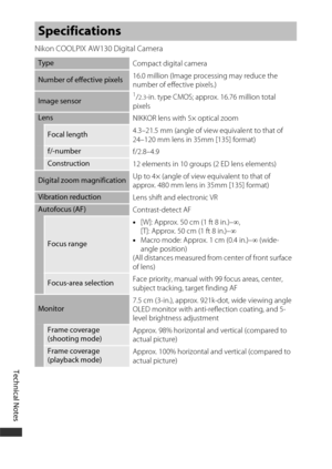 Page 222Technical Notes
192
Nikon COOLPIX AW130 Digital Camera
Specifications
TypeCompact digital camera
Number of effective pixels16.0 million (Image processing may reduce the 
number of effective pixels.)
Image sensor1/2.3-in. type CMOS; approx. 16.76 million total 
pixels
Lens NIKKOR lens with 5× optical zoom
Focal length4.3–21.5 mm (angle of view equivalent to that of 
24–120 mm lens in 35mm [135] format)
f/-number
f/2.8–4.9
Construction12 elements in 10 groups (2 ED lens elements)
Digital zoom magnification...