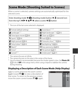 Page 5323
Shooting Features
When a scene is selected, camera settings are automatically optimized for the 
selected scene.
* The icon of the last scene selected is displayed.
1The camera focuses at infinity.2The camera focuses on the area in the center of the frame.3Use of a tripod is recommended, because the shutter speed is slow. Set Photo VR 
( A 124) to  Off in the setup menu when using a tripod to stabilize the camera 
during shooting.
Displaying a Description of Each Scene Mode (Help Display)
Select a...