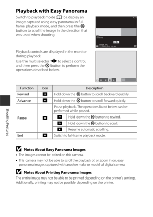 Page 6232
Shooting Features
Playback with Easy Panorama
Switch to playback mode (A15), display an 
image captured using easy panorama in full-
frame playback mode, and then press the  k 
button to scroll the image in the direction that 
was used when shooting.
Playback controls are displayed in the monitor 
during playback. 
Use the multi selector  JK to select a control, 
and then press the  k button to perform the 
operations described below.
BNotes About Easy Panorama Images
• The images cannot be edited on...