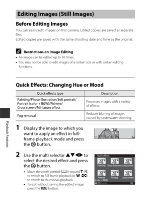 Page 9464
Playback Features
Before Editing Images
You can easily edit images on this camera. Edited copies are saved as separate 
files.
Edited copies are saved with the same shooting date and time as the original.
CRestrictions on Image Editing
• An image can be edited up to 10 times.
• You may not be able to edit images of a certain size or with certain editing 
functions.
Quick Effects: Changing Hue or Mood
1Display the image to which you 
want to apply an effect in full-
frame playback mode and press 
the...