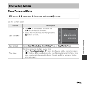 Page 107E57
Reference Section
Time Zone and Date
Set the camera clock.
The Setup Menu
d  button  M z  menu icon  M Time zone and date  M k  button
OptionDescription
Date and time •
Use JK  to select a field and then use 
HI  to set the date and time.
• Select the minute field and then press the 
k button to finish.
Date format Select Year/Month/Day , Month/Day/Year , or Day/Month/Year .
Time zone Set time zone and daylight saving time.
•
When  Travel destination  (x ) is set after having set the home time zone...