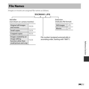 Page 121E71
Reference Section
Images or movies are assigned file names as follows.
File Names
DSCN0001.JPG
Identifier
(not shown on camera monitor)
Original still images 
and movies DSCN
Small copies
SSCN
Cropped copiesRSCN
Images created by an 
image editing 
function other than 
small picture and cropFSCN
Extension
(indicates file format)
Still images
.JPG
Movies.AVI
File number (assigned automatically in 
ascending order, starting with “0001”) 