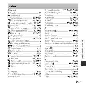 Page 143F21
Technical Notes and Index
Symbols
g Telephoto .........................................................   14
f  Wide-angle ....................................................   14
i  Playback zoom .............................  16, E23
h  Thumbnail playback .............   16, E24
x  Scene auto selector mode ...   20, E3
b  Scene mode ...................................  20,  E4
D  Special effects mode ...............   20, E7
F  Smart portrait mode ................   20, E8
A  Auto mode...