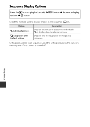 Page 11494
Using Menus
Sequence Display Options
Select the method used to display images in the sequence (A60).
Settings are applied to all sequences, and the setting is saved in the camera’s 
memory even if the camera is turned off. Press the 
c button (playback mode)  M d  button  M Sequence display 
options  M k button
OptionDescription
Q  Individual pictures Displays each image in a sequence individually.
F
 is displayed on the playback screen.
V  Key picture only
(default setting) Displays only the key...