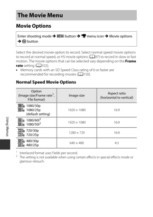 Page 11696
Using Menus
Movie Options
Select the desired movie option to record. Select normal speed movie options 
to record at normal speed, or HS movie options (A97) to record in slow or fast 
motion. The movie options that can  be selected vary depending on the Frame 
rate  setting ( A102).
• Memory cards with an SD Speed Class rating of 6 or faster are 
recommended for recording movies (A 150).
Normal Speed Movie Options
1Interlaced format uses Fields per second.2The setting is not available when using...