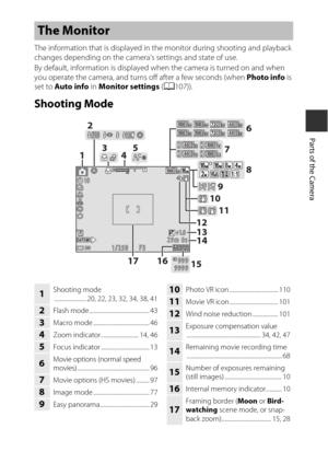 Page 233
Parts of the Camera
The information that is displayed in the monitor during shooting and playback 
changes depending on the camera’s  settings and state of use.
By default, information is displayed wh en the camera is turned on and when 
you operate the camera, and turns off after a few seconds (when  Photo info is 
set to  Auto info in  Monitor settings  (A 107)).
Shooting Mode
The Monitor
9 9 99992 9m  0 s29m  0sF3F31 / 2 5 01/250
9 9 99999 9 9 99999
+1.0+1.0
1010
AFAF12
3 45 6
8
9
10 11
12 13
14
15...