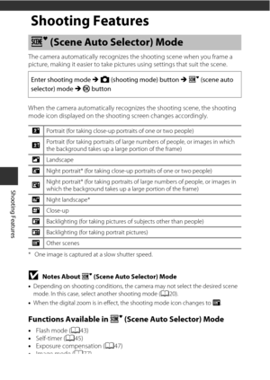 Page 4222
Shooting Features
Shooting Features
The camera automatically recognizes the shooting scene when you frame a 
picture, making it easier to take pictures using settings that suit the scene.
When the camera automatically recognizes the shooting scene, the shooting 
mode icon displayed on the shooting screen changes accordingly.
* One image is captured at a slow shutter speed.
BNotes About  o (Scene Auto Selector) Mode
•Depending on shootin g conditions, the camera may not select the desired scene 
mode....