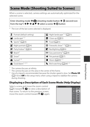 Page 4323
Shooting Features
When a scene is selected, camera settings are automatically optimized for the 
selected scene.
* The icon of the last scene selected is displayed.
1The camera focuses at infinity.2The camera focuses on the area in the center of the frame.3Use of a tripod is recommended, because the shutter speed is slow. Set  Photo VR 
( A 110) to  Off in the setup menu when using a tripod to stabilize the camera 
during shooting.
Displaying a Description of Ea ch Scene Mode (Help Display)
Select a...