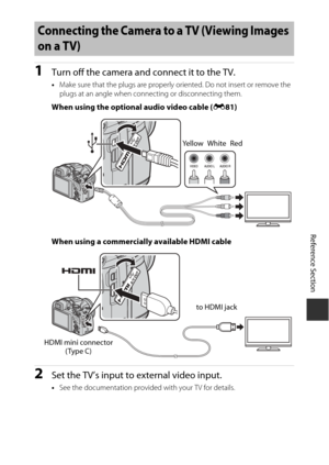 Page 129Reference Section
E13
1Turn off the camera and connect it to the TV.
•Make sure that the plugs  are properly oriented. Do  not insert or remove the 
plugs at an angle when connecting or disconnecting them.
When using the optional audio video cable ( E81)
When using a commercially available HDMI cable
2Set the TV’s input to external video input.
• See the documentation provided with your TV for details.
Connecting the Camera to  a TV (Viewing Images 
on a TV)
White
Ye l l o w R e d
HDMI mini connector...