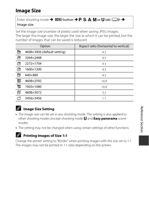 Page 139E23
Reference Section
Image Size
Set the image size (number of pixels ) used when saving JPEG images.
The larger the image size, the larger the size at which it can be printed, but the 
number of images that can be saved is reduced.
CImage Size Setting
• The image size can be set in any shooting mode. The setting is also applied to 
other shooting modes (e xcept shooting mode M and  Easy panorama  scene 
mode).
• The setting may not be changed when using certain settings of other functions.
CPrinting...
