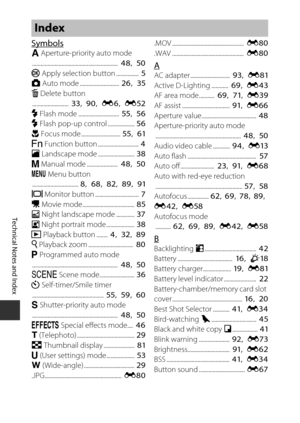 Page 220F22
Technical Notes and Index
Symbolsl Aperture-priority auto mode
.............................................................   48, 50
k Apply selection button ................   5
A  Auto mode ............................   26, 35
l  Delete button
..........................   33, 90, E6, E52
m  Flash mode .............................   55, 56
m  Flash pop-up control ...................  56
D  Focus mode ............................  55, 61
w  Function button .............................  4
c...