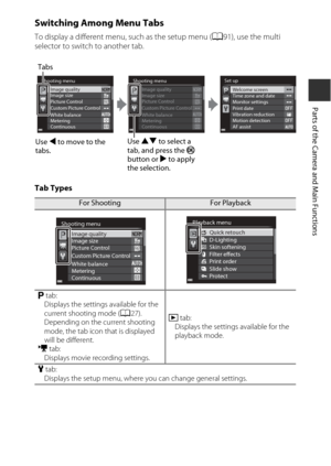 Page 279
Parts of the Camera and Main Functions
Switching Among Menu Tabs
To display a different menu, such as the setup menu (A91), use the multi 
selector to switch to another tab.
Tab Types
For ShootingFor Playback
j  tab:
Displays the settings available for the 
current shooting mode ( A27). 
Depending on the current shooting 
mode, the tab icon that is displayed 
will be different.
e  tab:
Displays movie recording settings. c
 tab:
Displays the setting s available for the 
playback mode.
z  tab:
Displays...